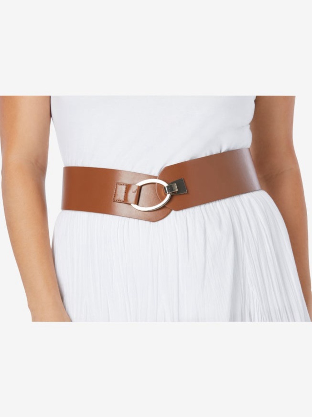 Wide Tan Leather-Look Waist Belt with Gold Ring Buckle